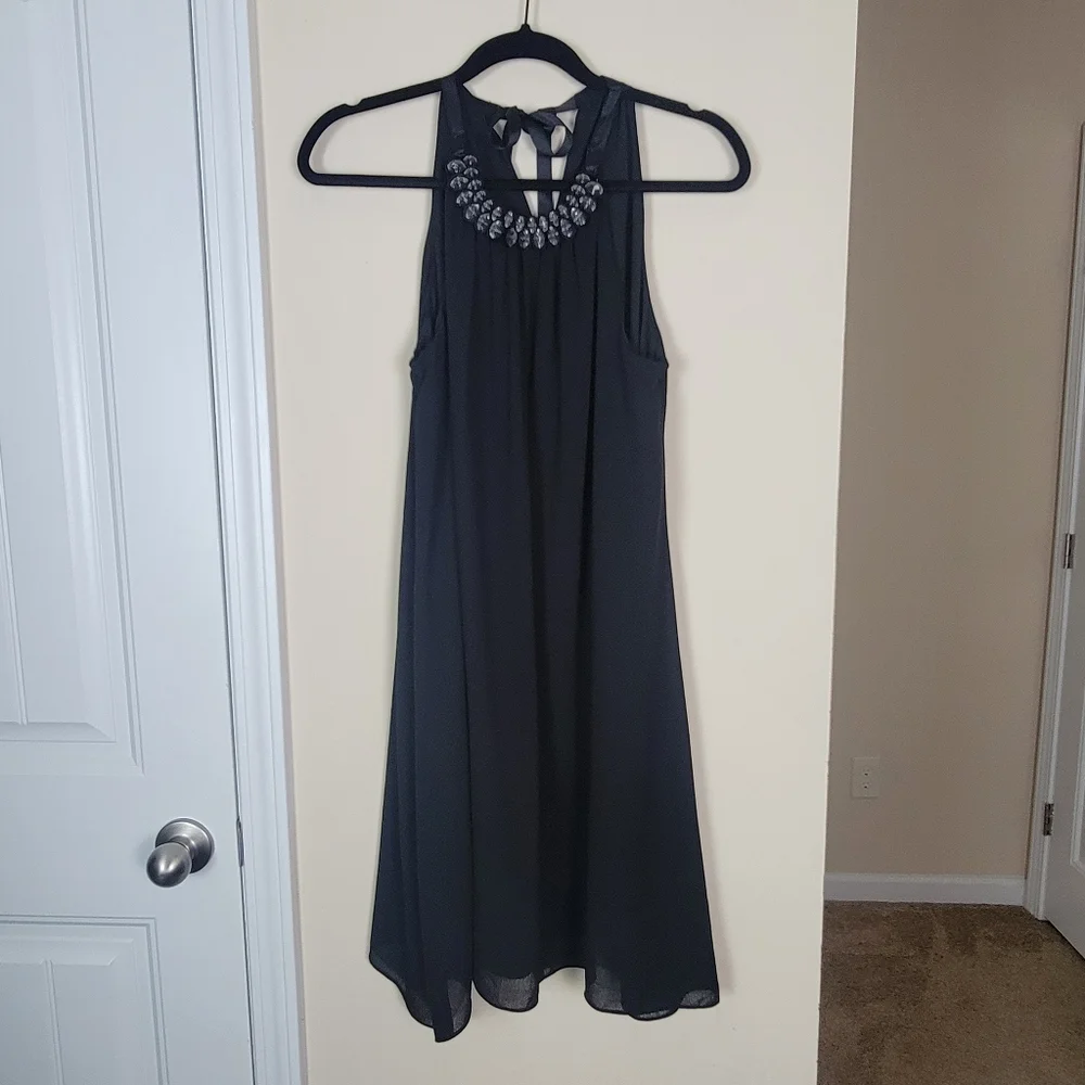 Max Studio Black Crepe Georgette Beaded‎ collar Halter Trapeze Dress XS N…